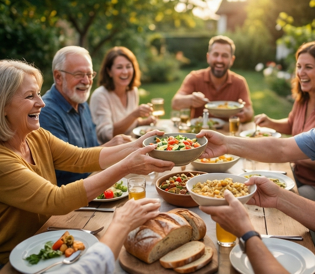 Oameni împărtășind o masă в grădină